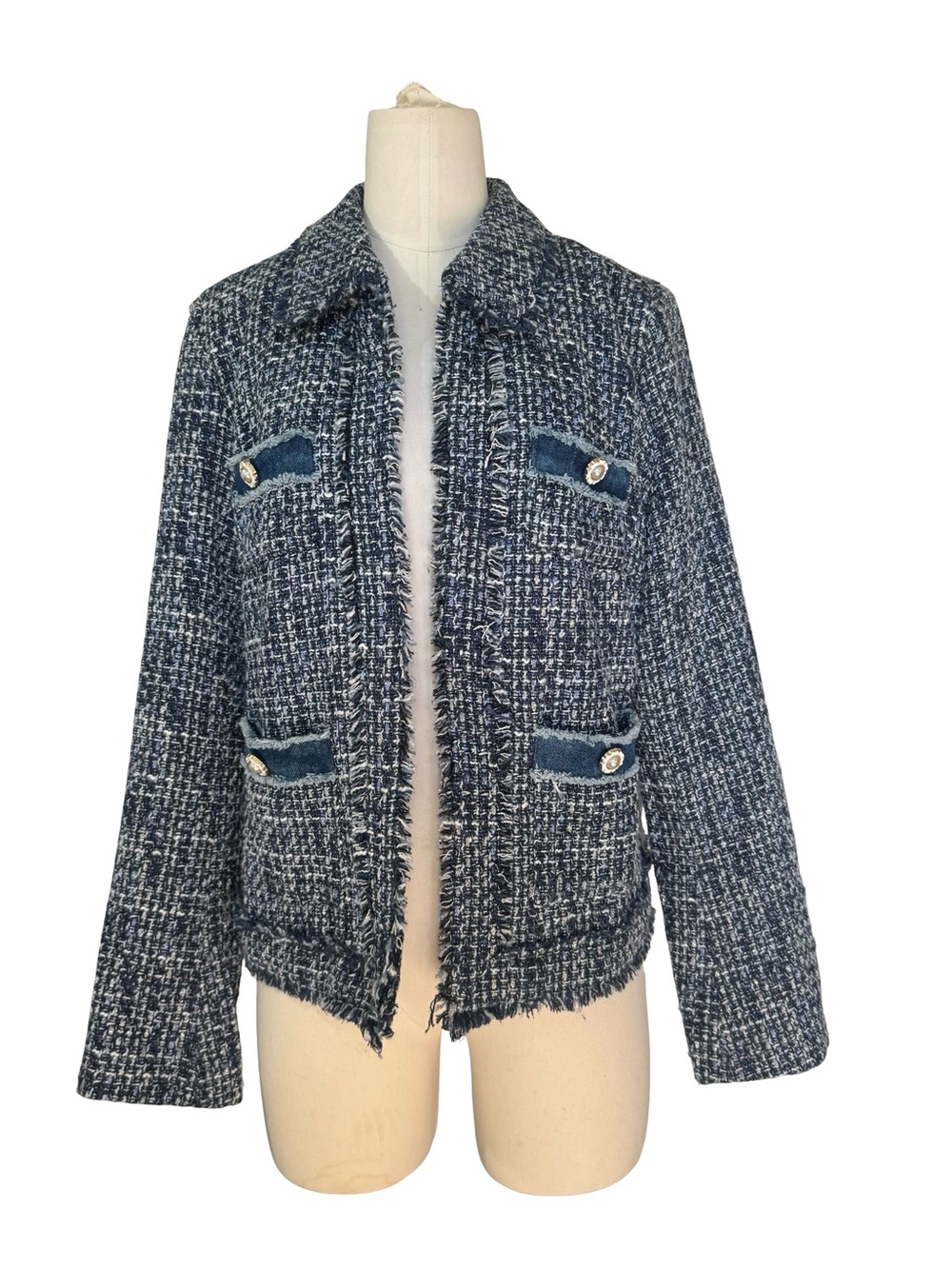 Nanette Lepore Blue‎ Tweed Jacket Women’s  Frayed Trim Metallic Blazer  Coat - Picture 2 of 9